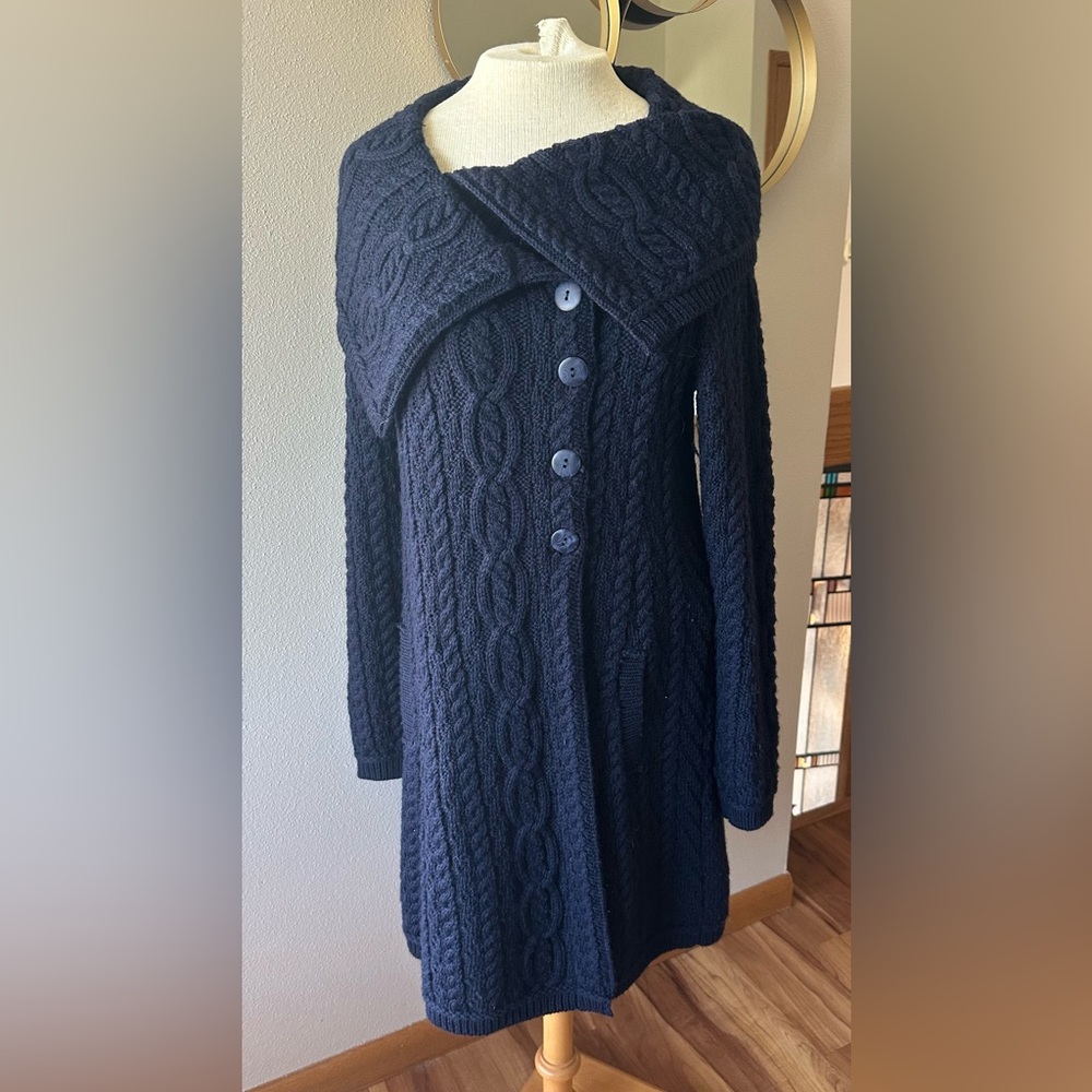 Aran Crafts Chunky Collar Coat with Buttons.  Size L, Navy.